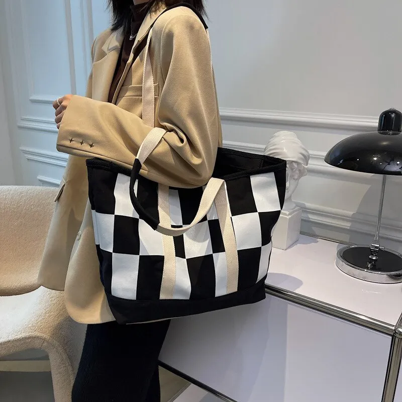 Christmas Gift Checkerboard Plaid Canvas Tote for Women Large Capacity Shopper Ladies Handbags Weekend Work Korean Female Shoulder Bag Big New