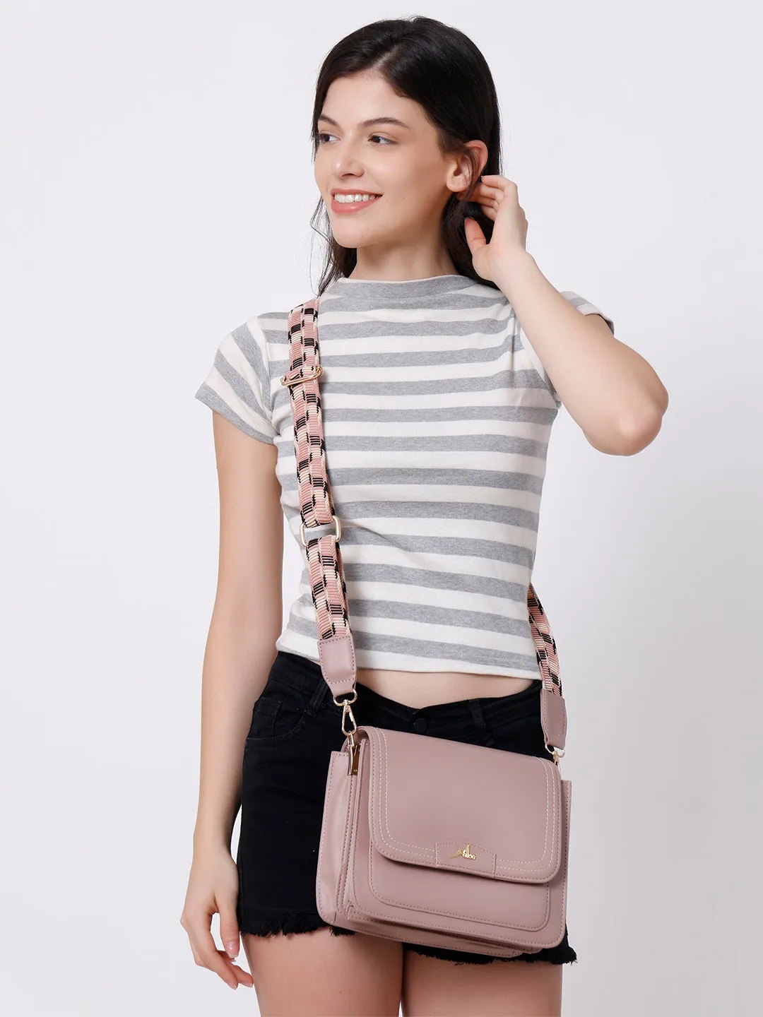 Dusty Pink Multicompartment Sling Bag For Women