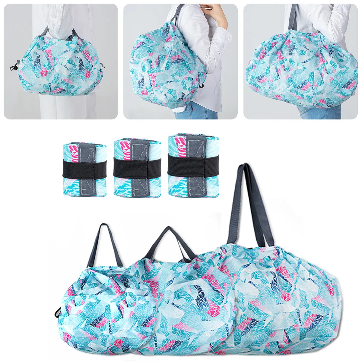 Foldable Shopping Bags, Waterproof Shopping Bags Reusable 3 Pieces Portable Grocery Bags With Handles Large Capacity Travel Duffel Bags for Daily Commuting Picnic Gym Different Size FuKuEn
