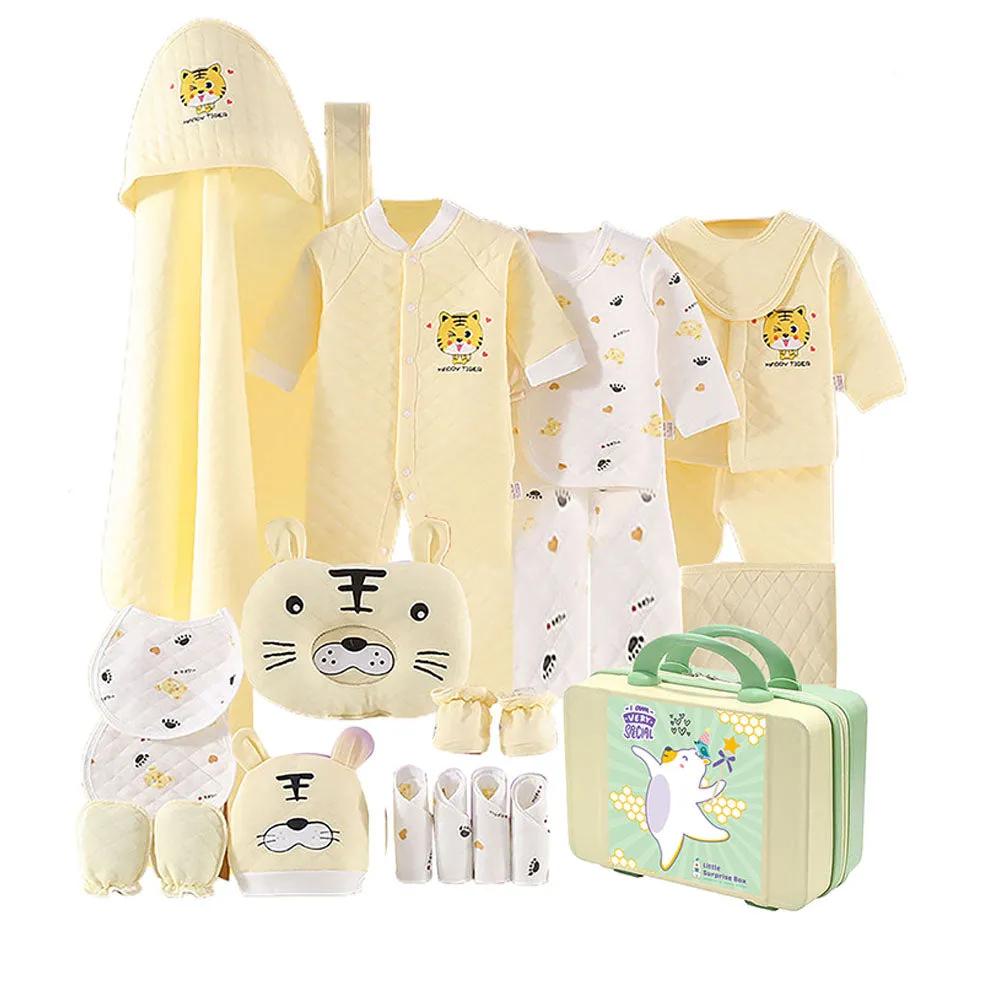 Little Surprise Box 21 Pcs Light Yellow Tiger Newborn Baby Girl/ Boy All Season Wear Gift Hamper With Suitcase