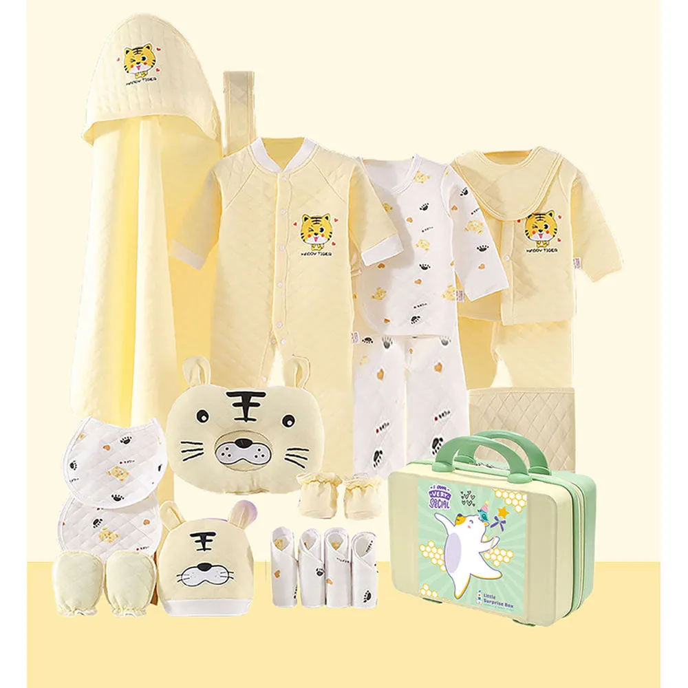 Little Surprise Box 21 Pcs Light Yellow Tiger Newborn Baby Girl/ Boy All Season Wear Gift Hamper With Suitcase