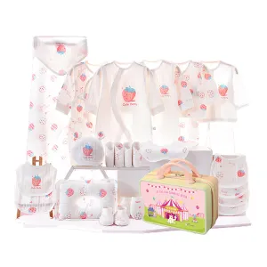Little Surprise Box 22 Pcs White Strawberry Newborn Baby Girl/ Boy All Season Wear Gift Hamper With Suitcase