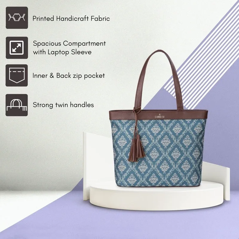 THE CLOWNFISH Casey series 15.6 inch Laptop Bag For Women Printed Handicraft Fabric & Faux Leather Office Bag Briefcase Hand Messenger bag Tote Business Bag (Blue)